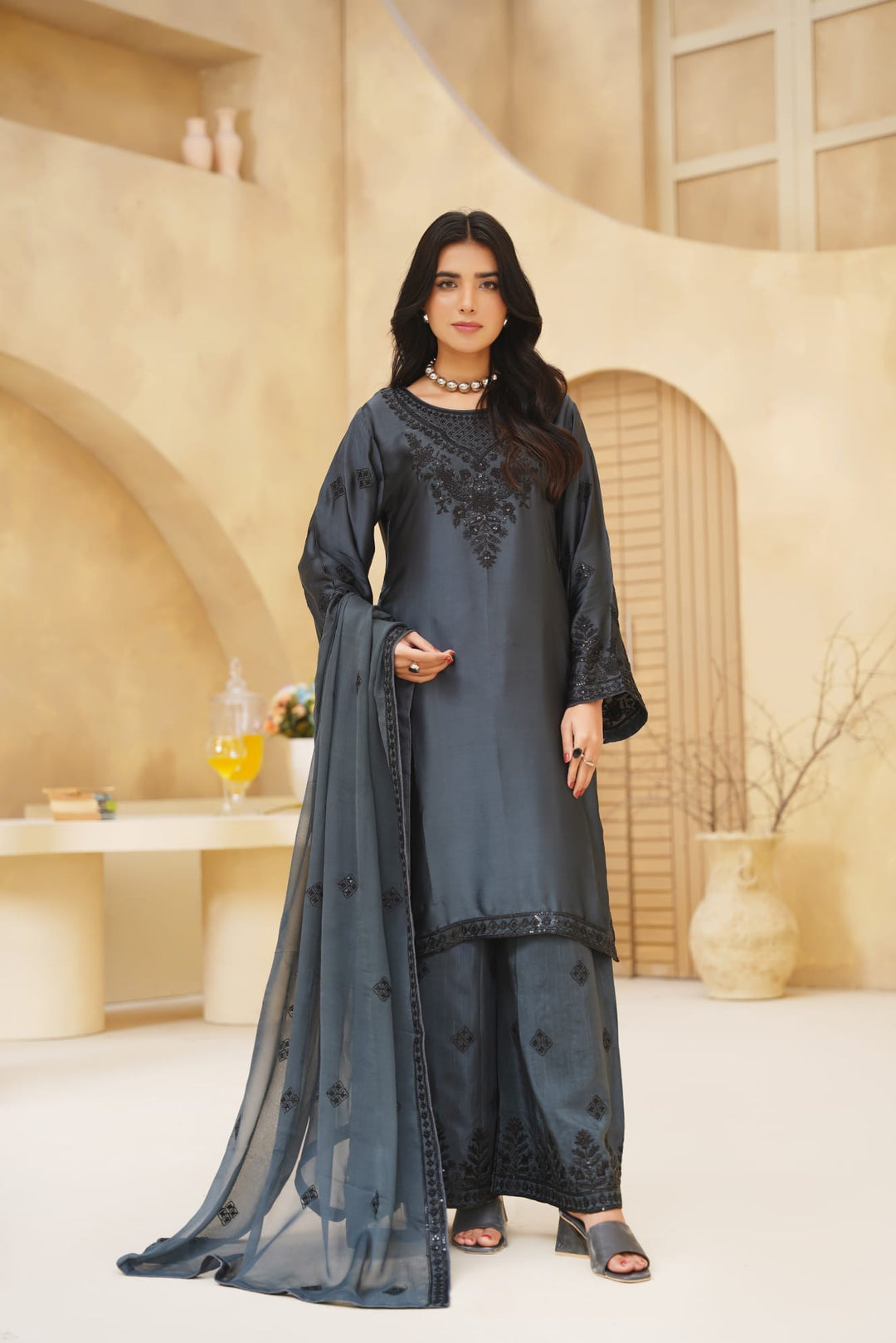 AG20A - AGHA NOOR EMBROIDERED SILK 3 PIECE SUIT