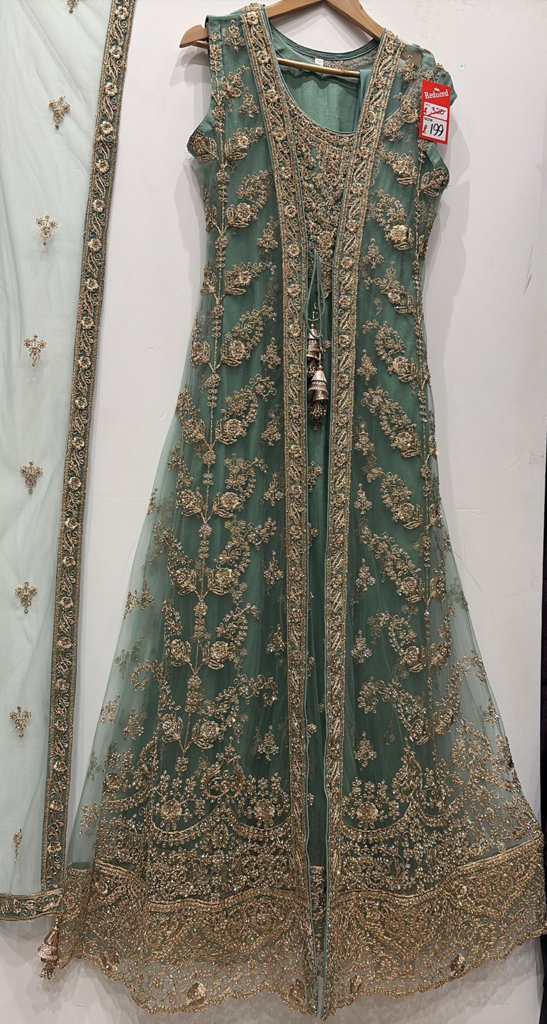 7014D- Green Embroidered & Embellished net long dress