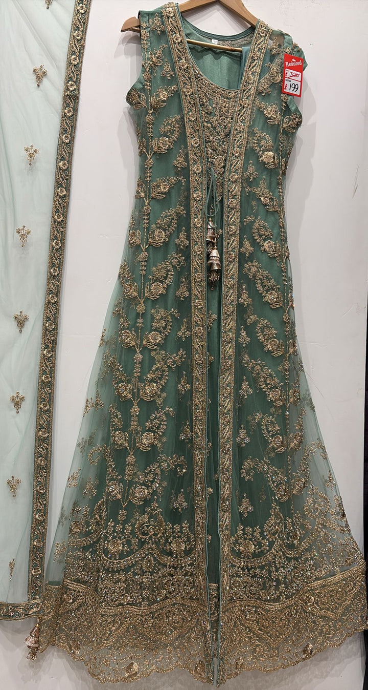 7014D- Green Embroidered & Embellished net long dress