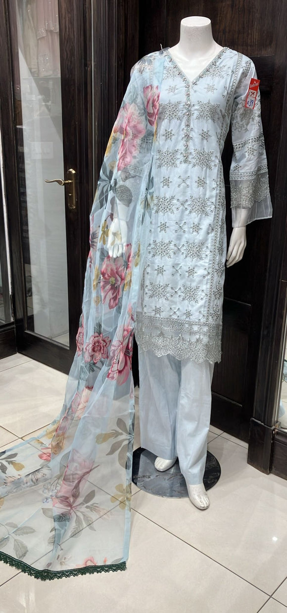 EMBROIDERED CHIKANKARI COTTON 3 PIECE SUIT 147B