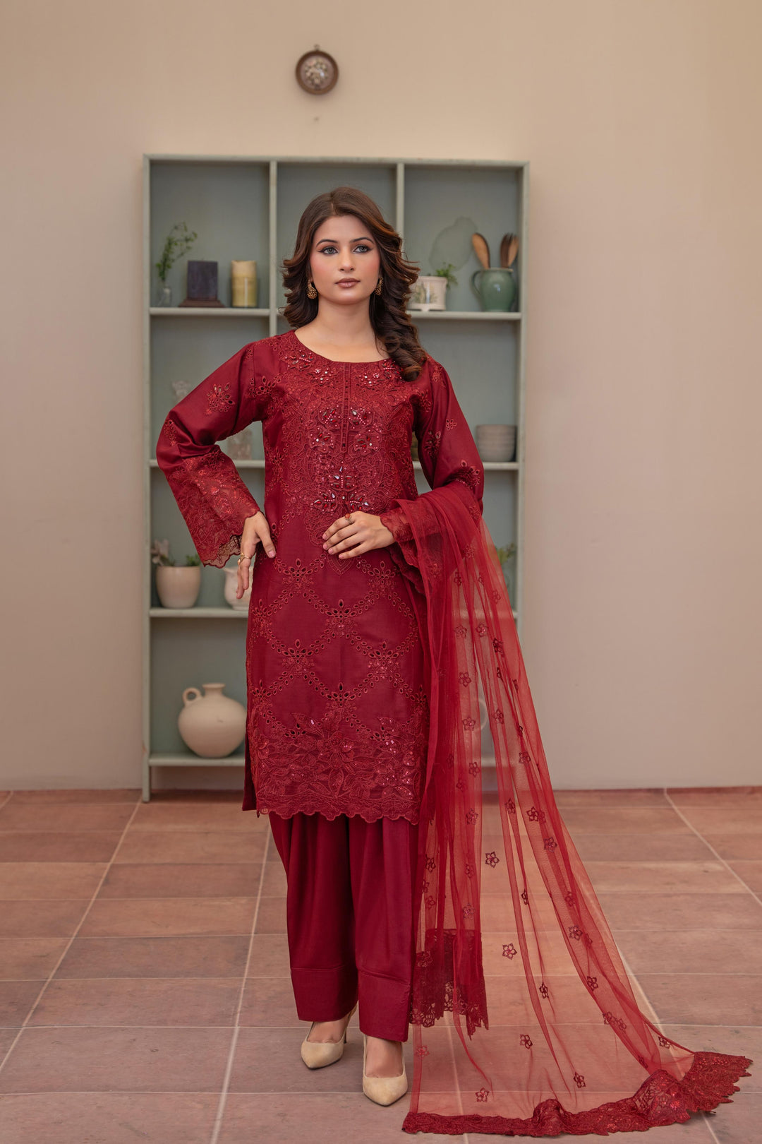 74J - Maria b inspired Red Farshi Shalwar Embroidered Linen suit