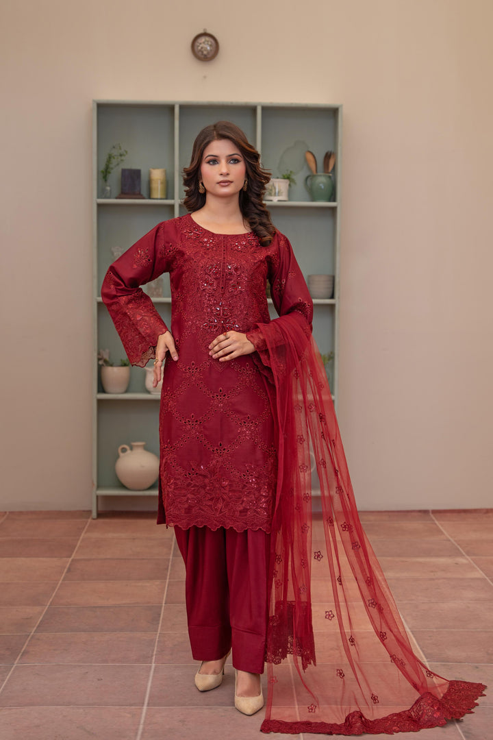 74J - Maria b inspired Red Farshi Shalwar Embroidered Linen suit