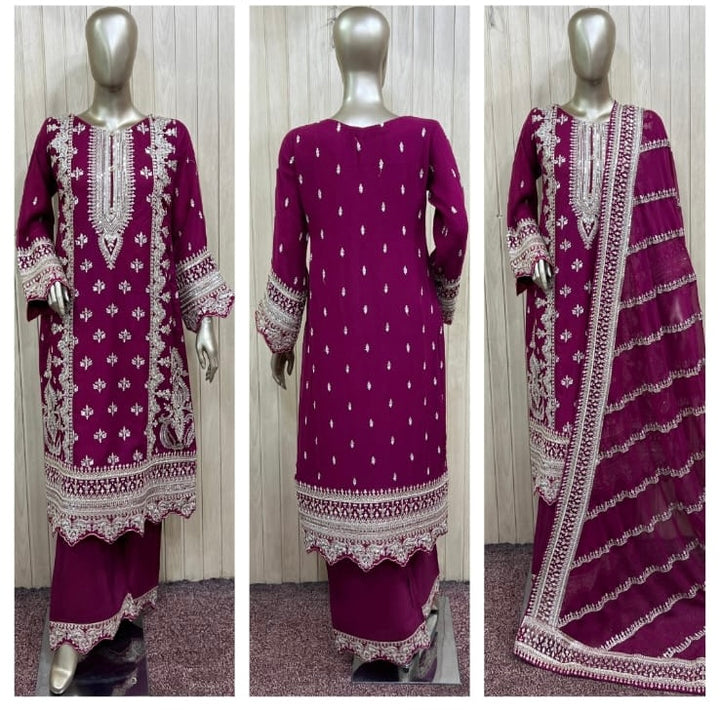 1961A Plum Embroidered Viscose Hand Work 3-Piece Suit - East meets west clothing 