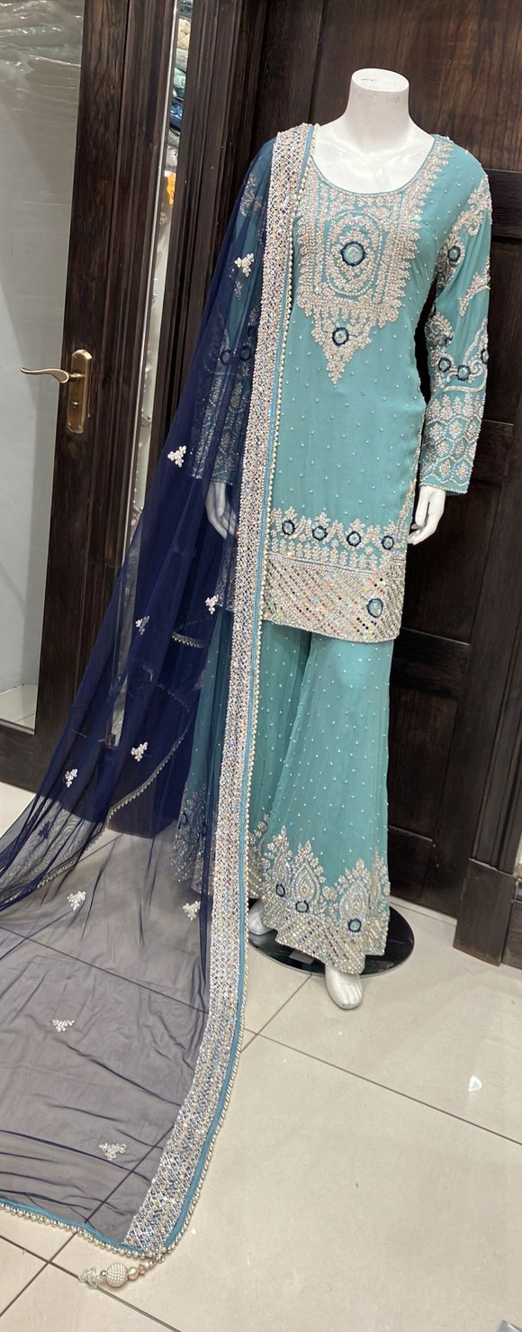 HEAVILY EMBROIDERED NET SHARARA SUIT 0174C