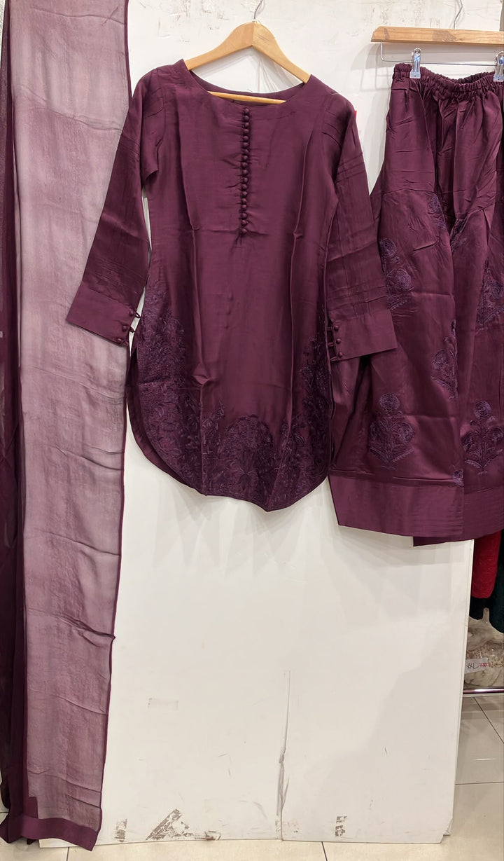 1113B - Purple Embroidered Viscose Farshi Shalwar 3 Piece suit
