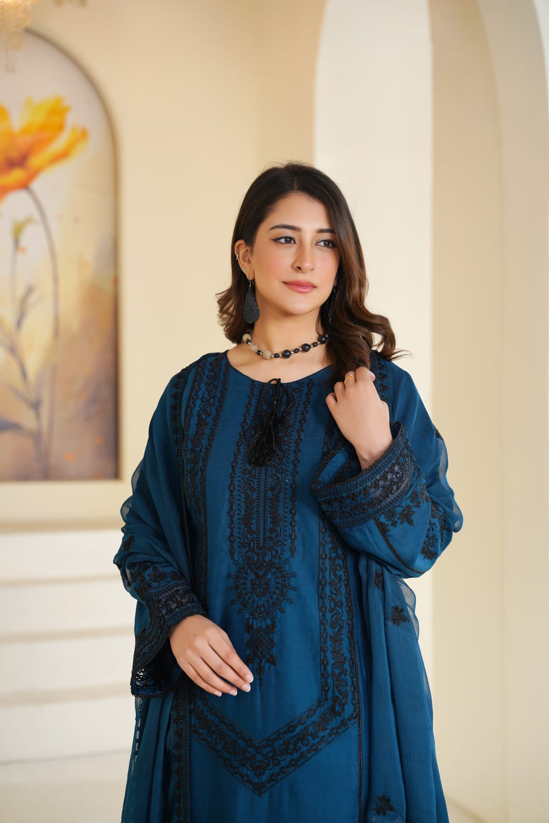 1171B - TEAL BLUE LINEN EMBROIDERED 3 PIECE SUIT