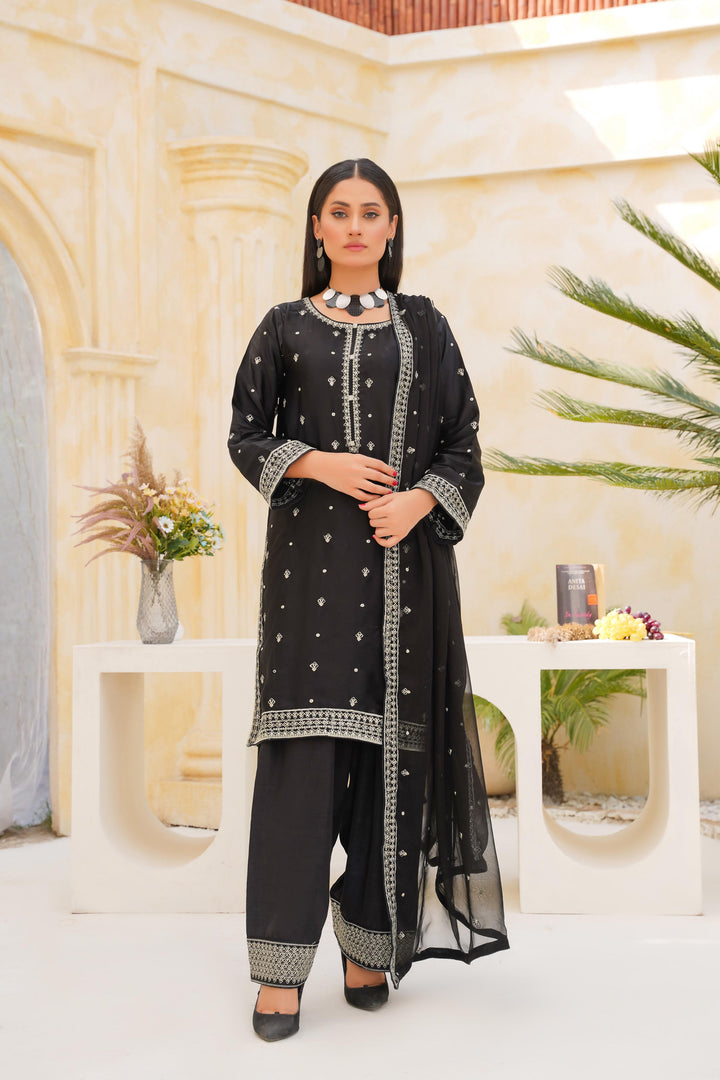 FN03 - Black Farshi Shalwar Silk Embroidered Suit