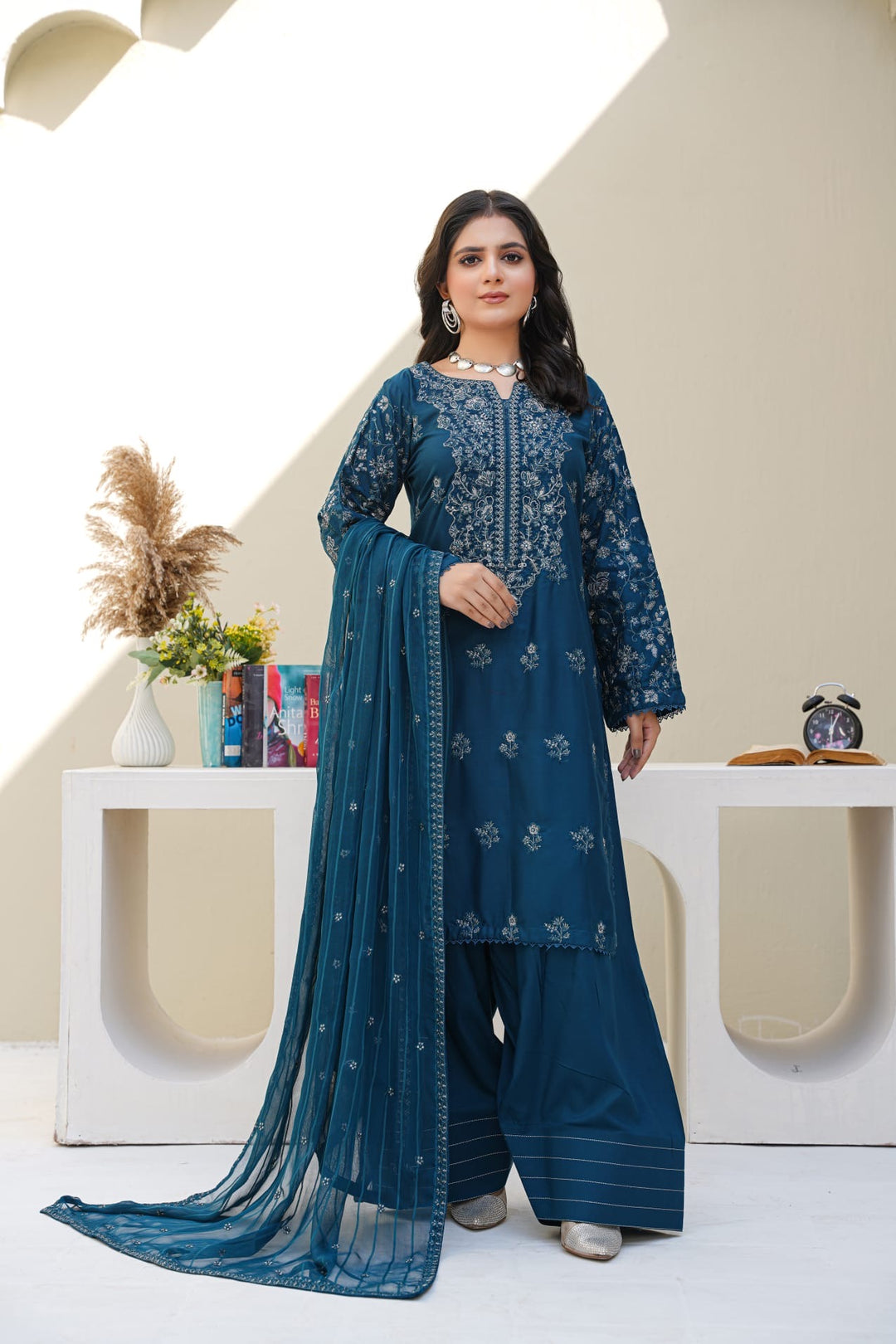 1164B- TEAL BLUE LINEN EMBROIDERED 3 PIECE SUIT FARSHI SHALWAR