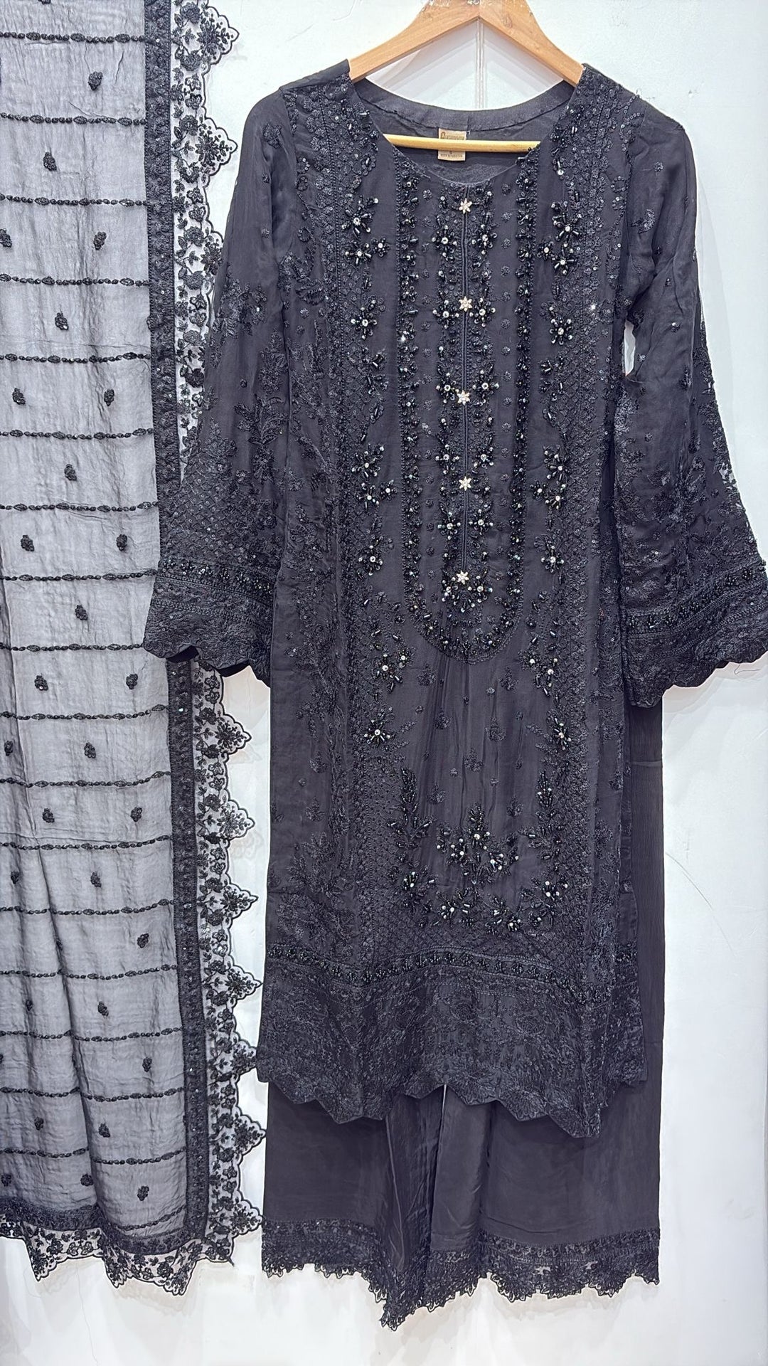 327A- Black Embroidered Chiffon 3 Piece Suit