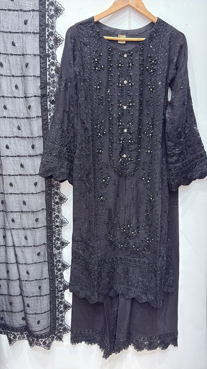 327A- Black Embroidered Chiffon 3 Piece Suit