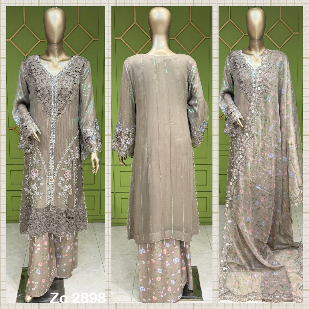 ZC2898B - Fawn Maria B Inspired Embroidered Chiffon 3-Piece Suit