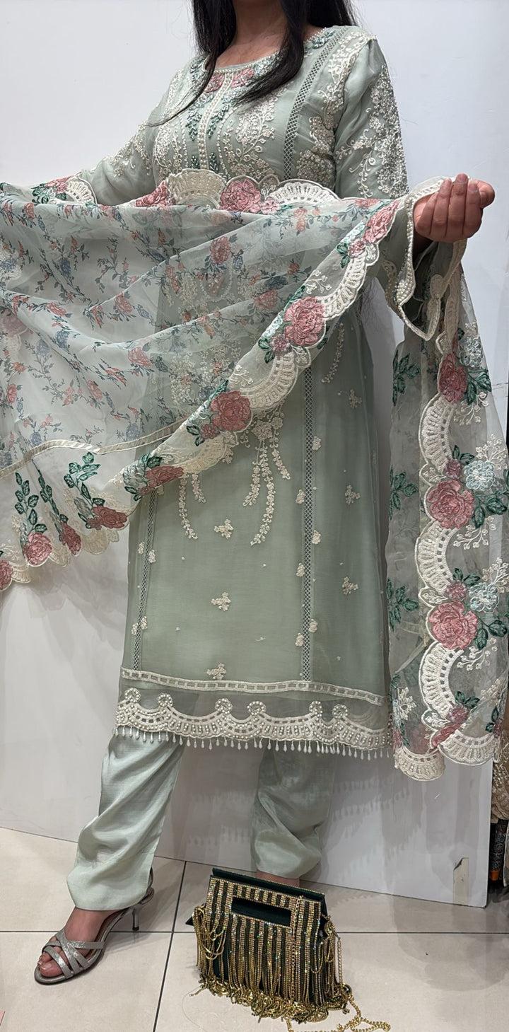 BABY BLUE EMBROIDERED CHIFFON 3 PIECE SUIT 228C