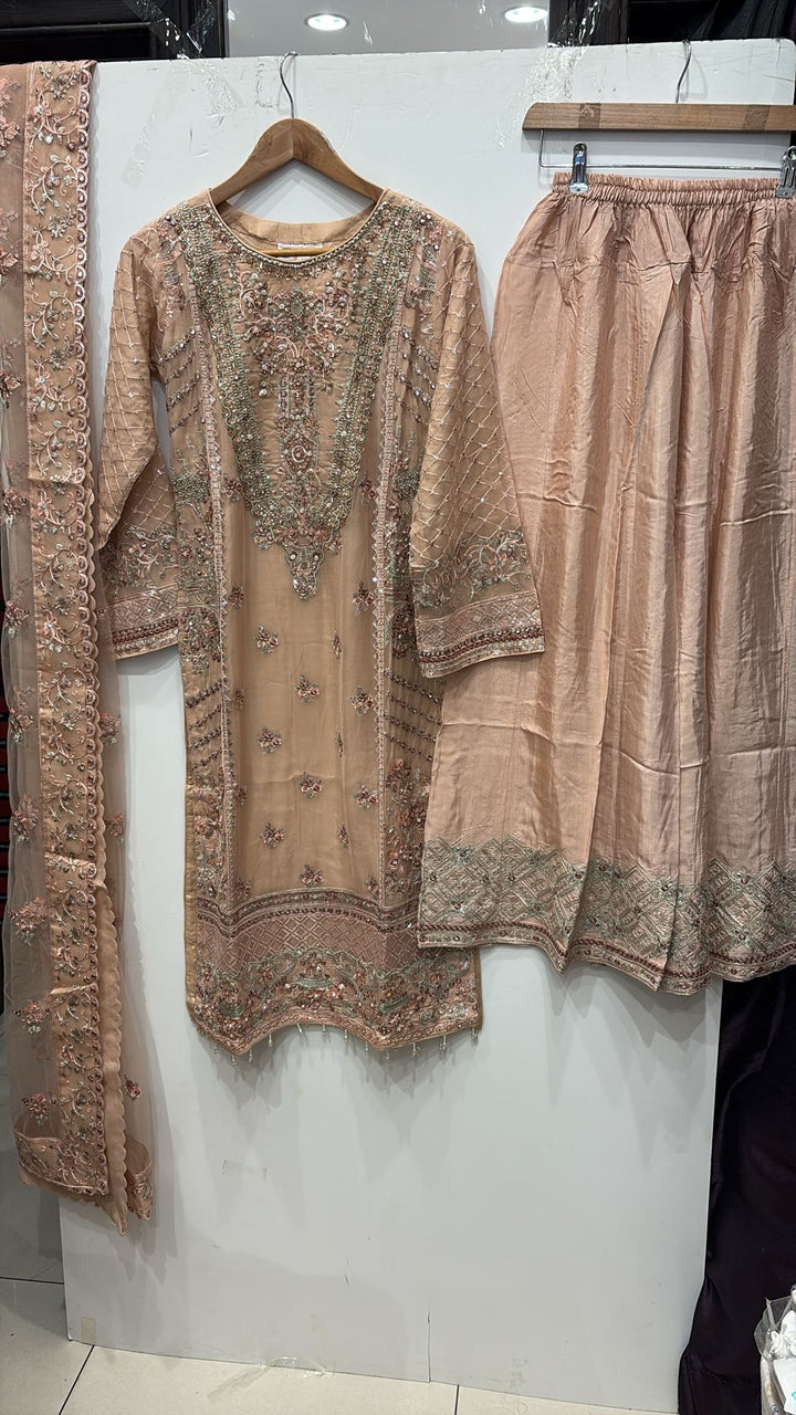352C- PEACH CHIFFON EMBROIDERED 3 PIECE SUIT