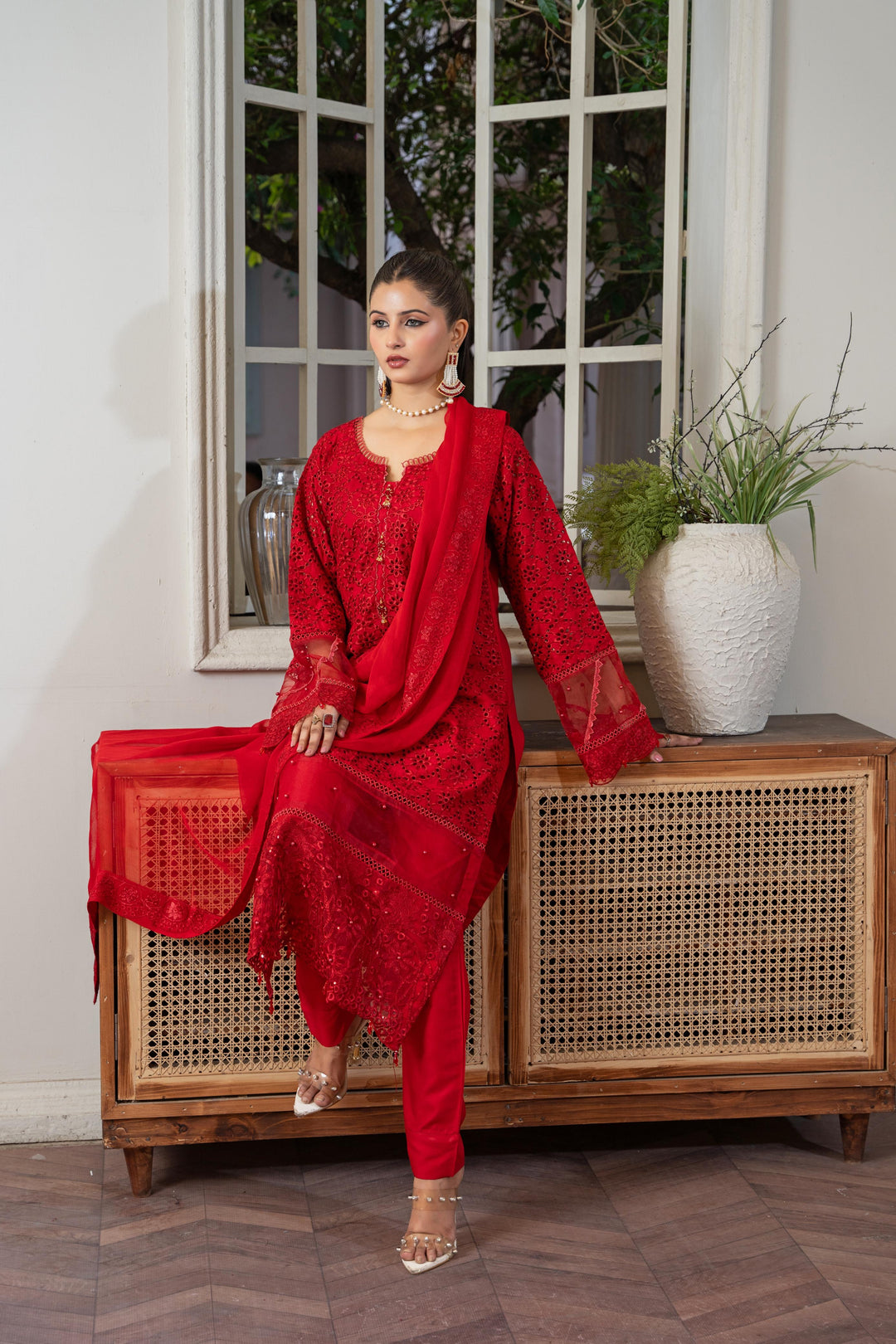 1143B - Red Embroidered Linen 3 Piece suit