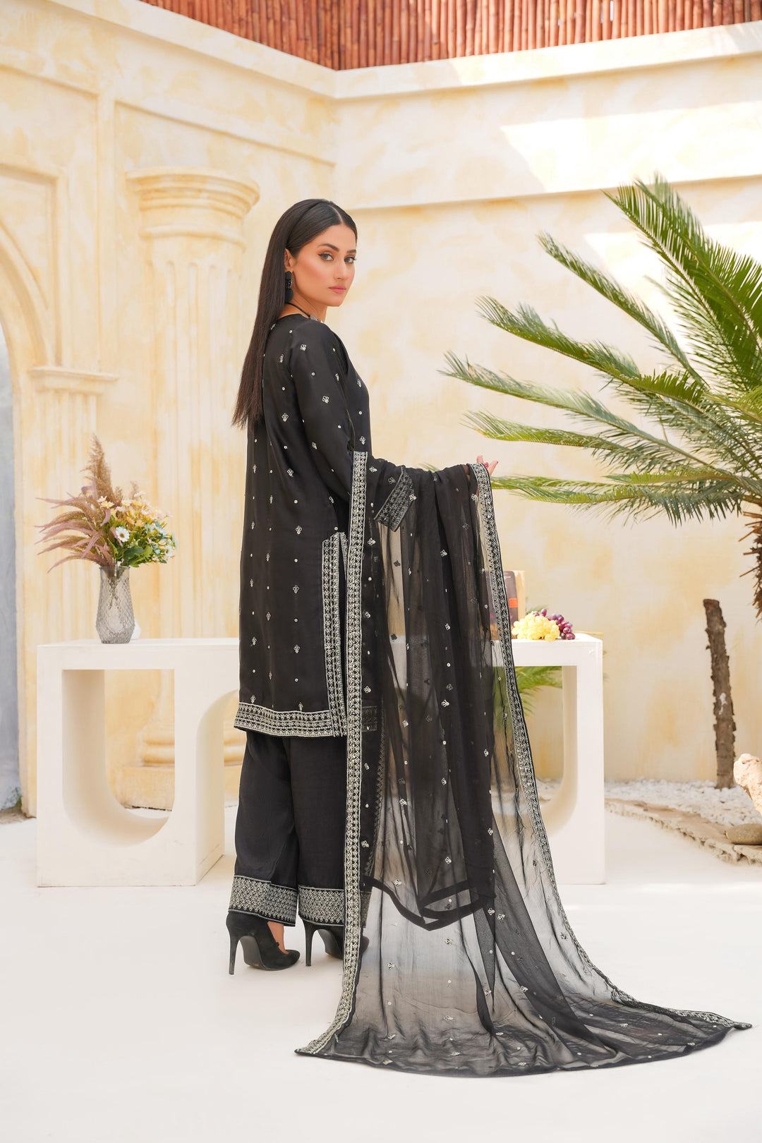 FN03 - Black Farshi Shalwar Silk Embroidered Suit