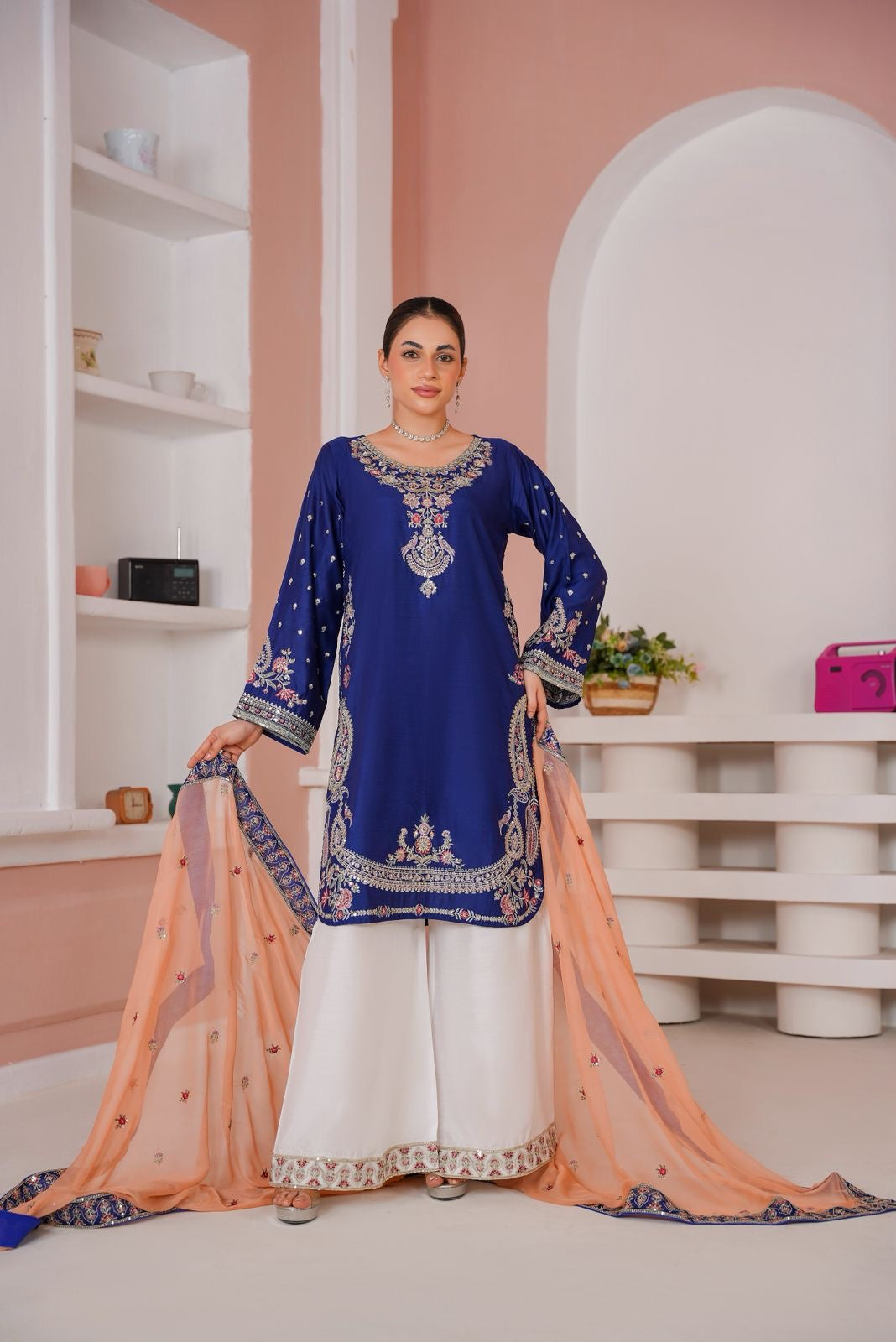 368D - BLUE VISCOSE EMBROIDERED PAKISTANI SUIT WITH CHIFFON DUPATTA