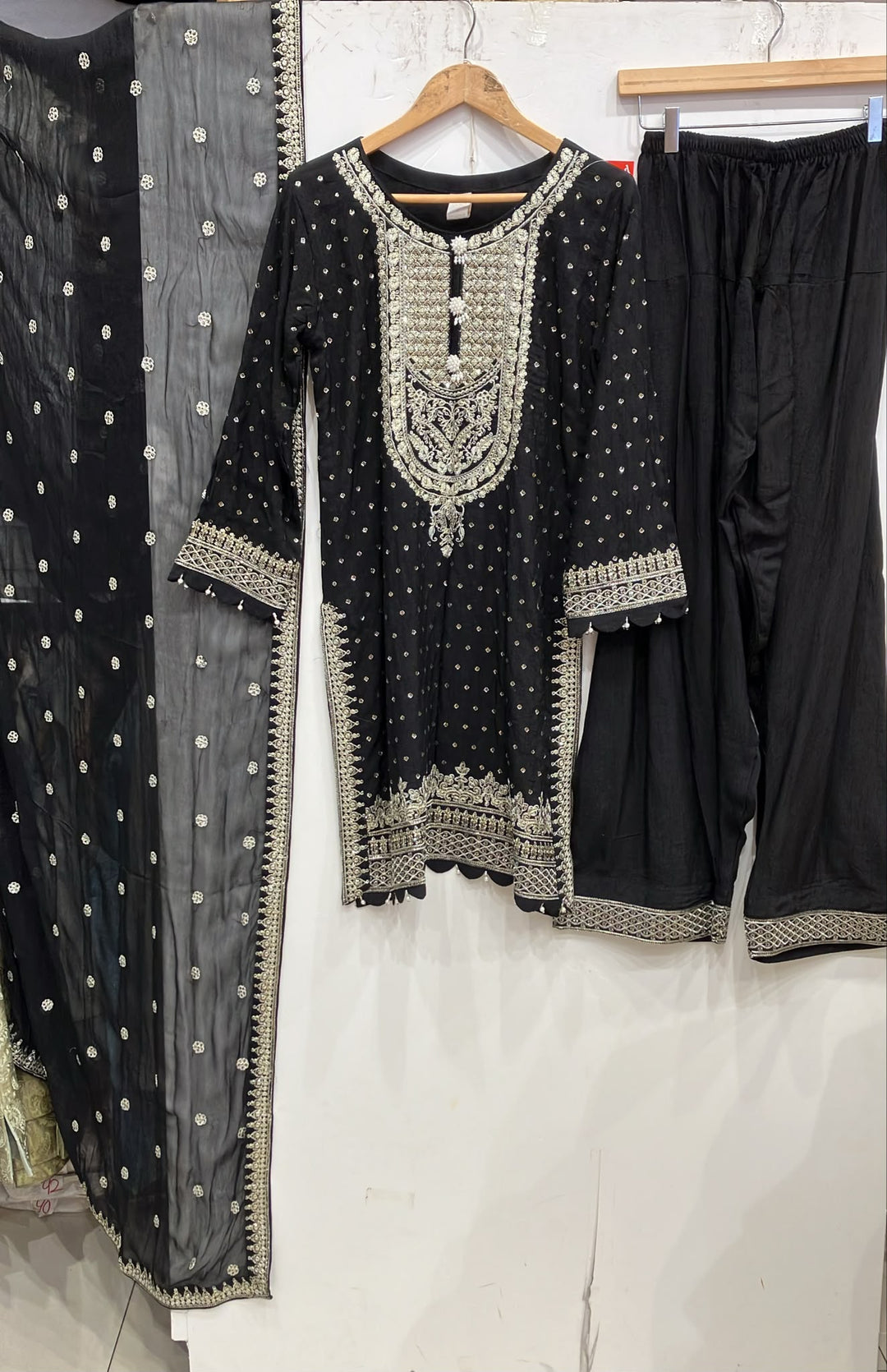 362B- Black Embroidered Silk Farshi Shalwar 3 Piece Suit