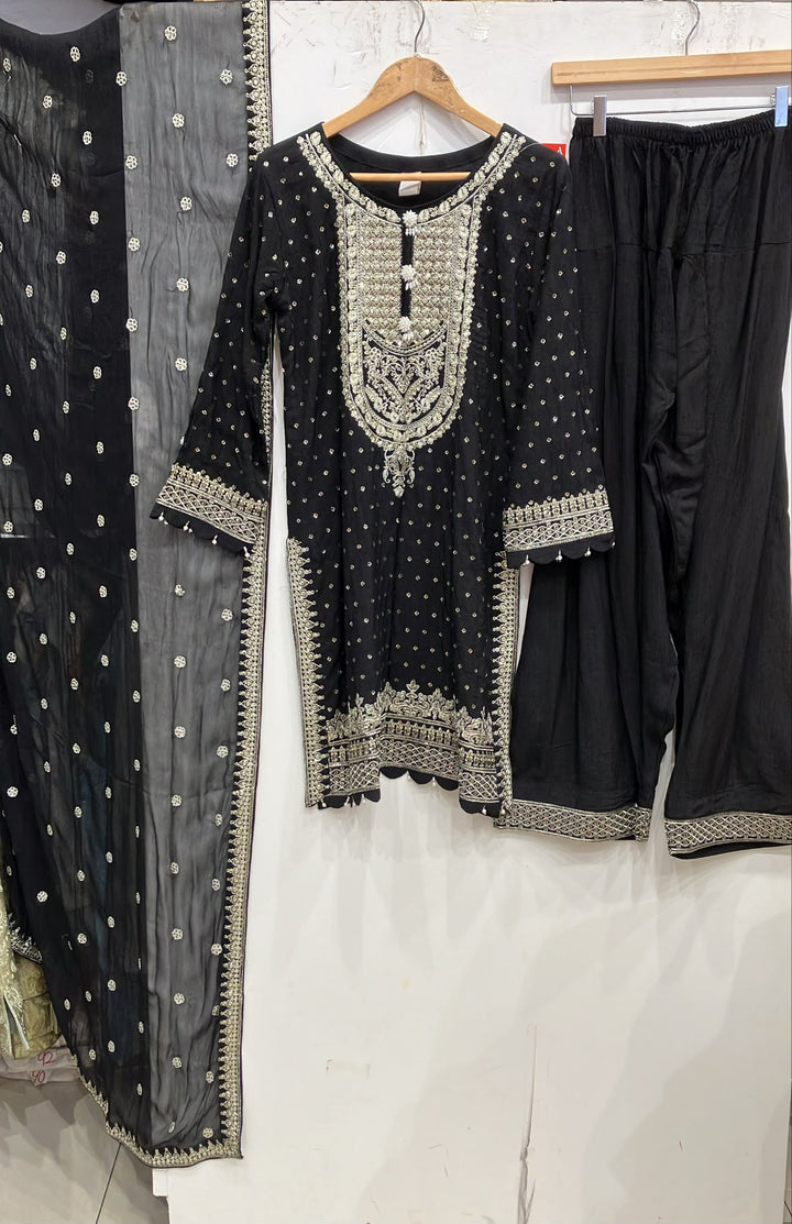 362B- Black Embroidered Silk Farshi Shalwar 3 Piece Suit