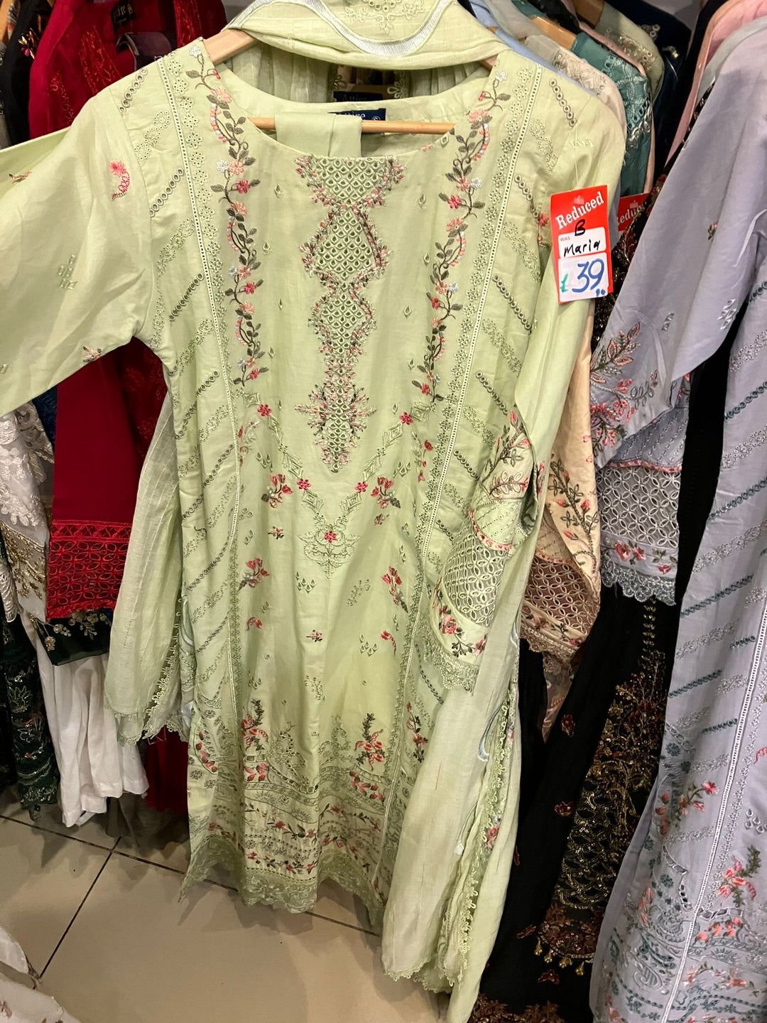 1144B - Light Green Embroidered Cotton 3 Piece suit