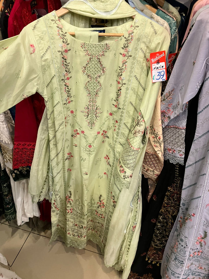 1144B - Light Green Embroidered Cotton 3 Piece suit