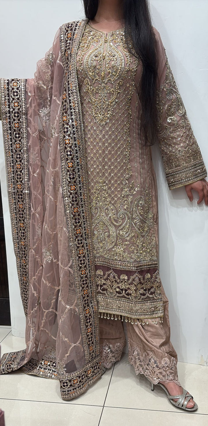 330B - DARK PINK NET EMBROIDERED SUIT