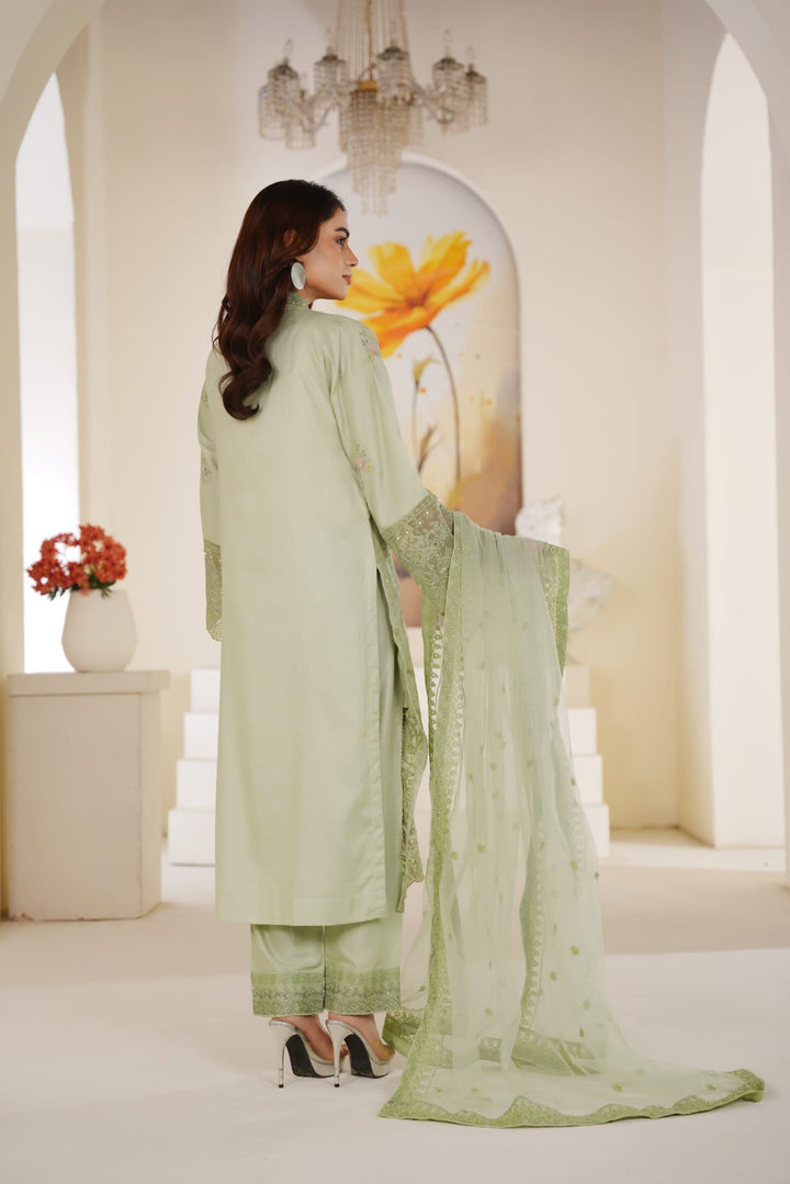 1165A - Light Green Embroidered Linen Chikankari 3 Piece suit