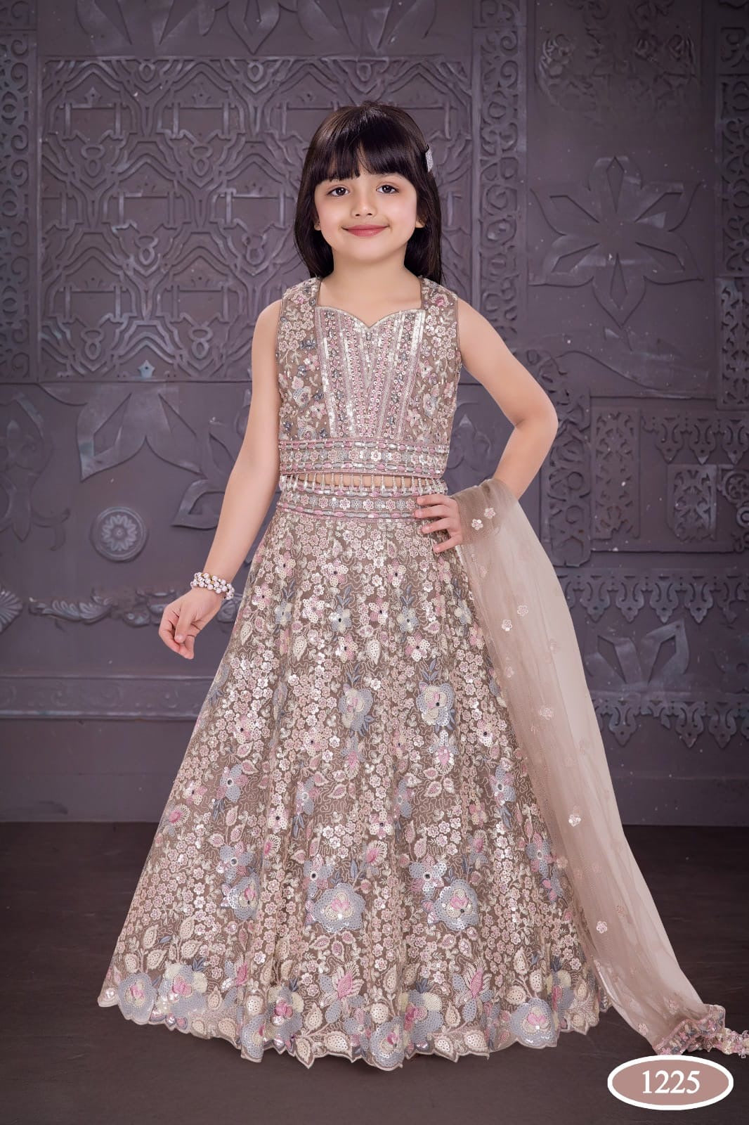 1225A - GIRLS FAWN EMBROIDERED & EMBELLISHED LENGHA CHOLI
