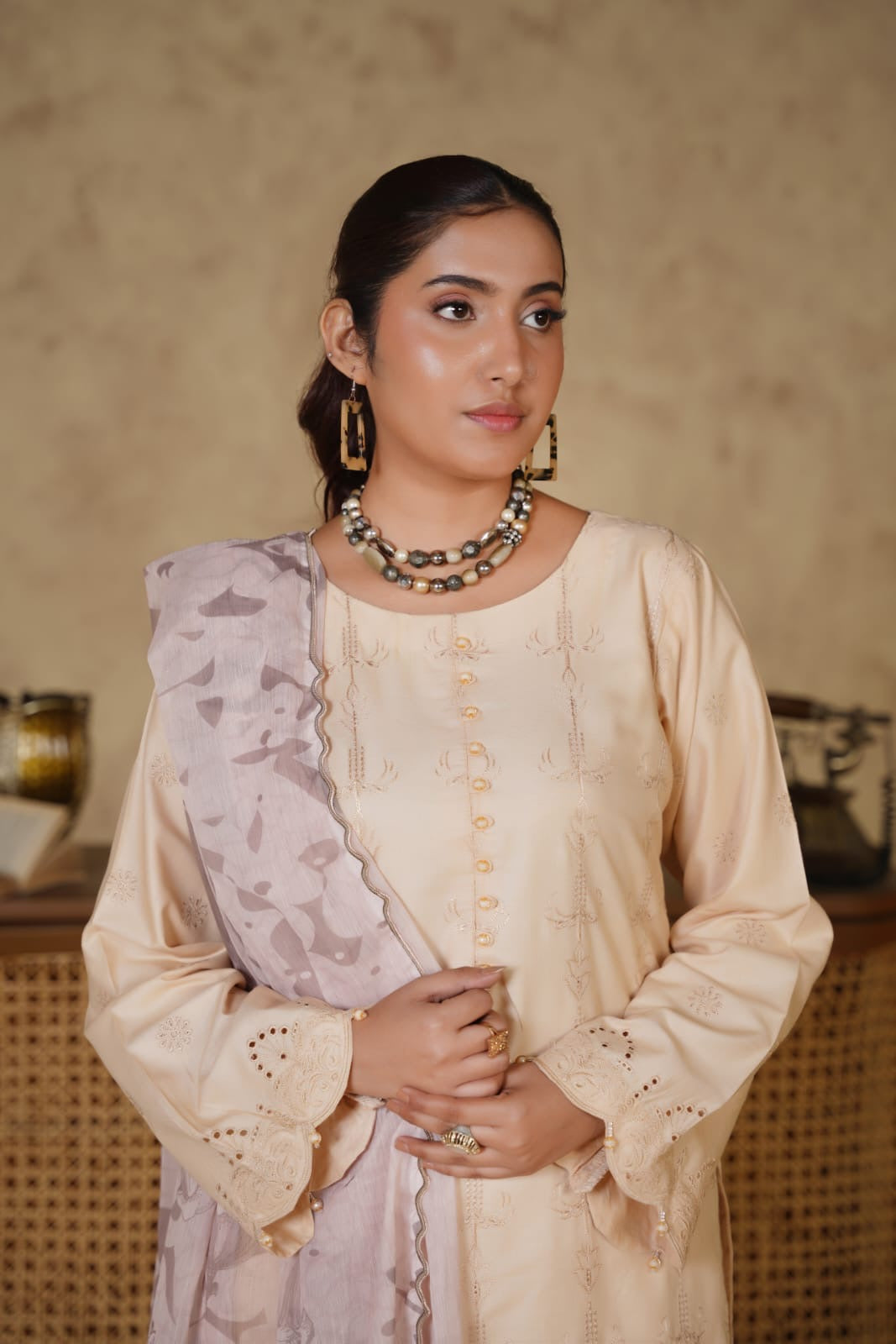 1167E- BEIGE LINEN CHIKANKARI 3 PIECE SUIT
