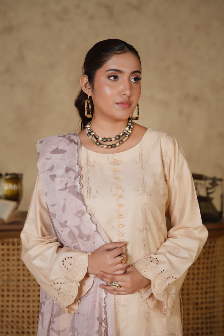 1167E- BEIGE LINEN CHIKANKARI 3 PIECE SUIT