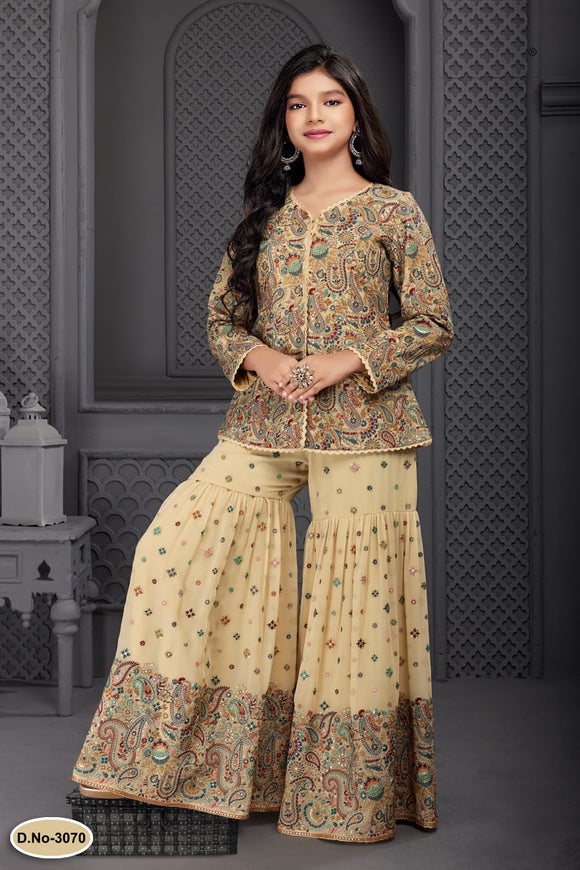 GIRLS EMBROIDERED & EMBELLISHED SHARARA OUTFIT K3070C