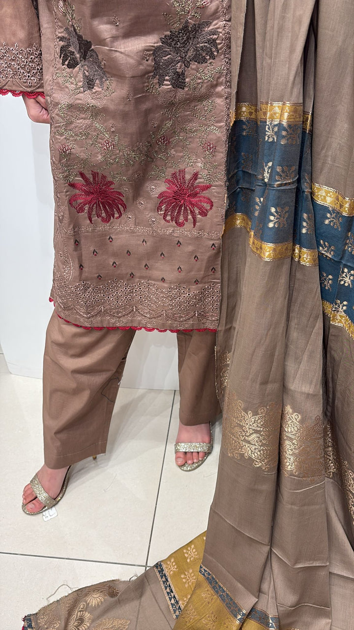 GBR01 - FAWN BEIGE EMBROIDERED COTTON SUIT JACQUARD DUPATTA
