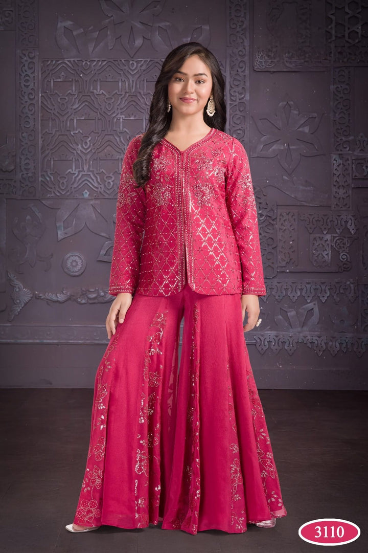 3110A - GIRLS PINK EMBROIDERED SHARARA DRESS