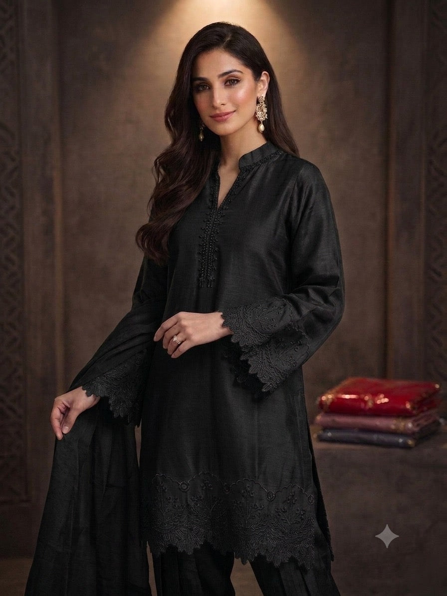 1116C - Black Embroidered Viscose Shalwar Suit