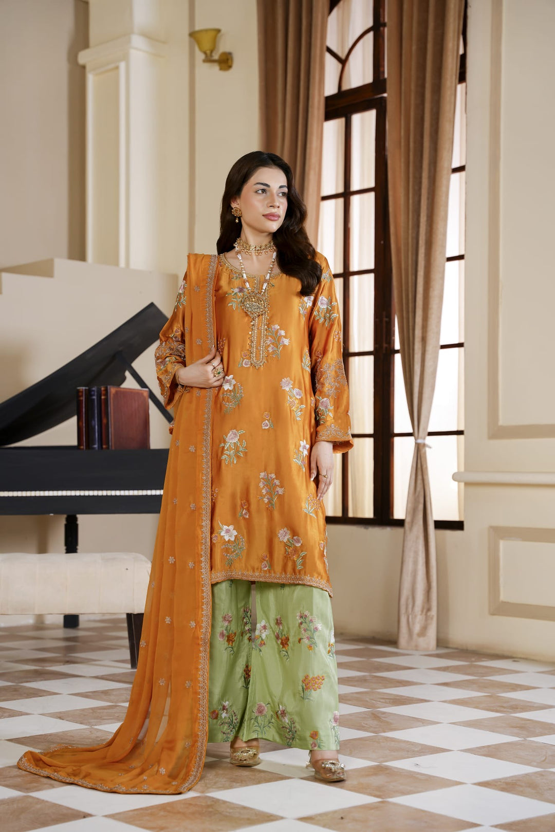 333E - Embroidered Shamoz Silk 3 Piece Suit - East meets west clothing 