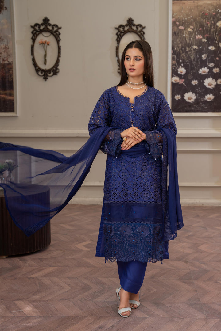 1143D - Blue Embroidered Linen 3 Piece suit