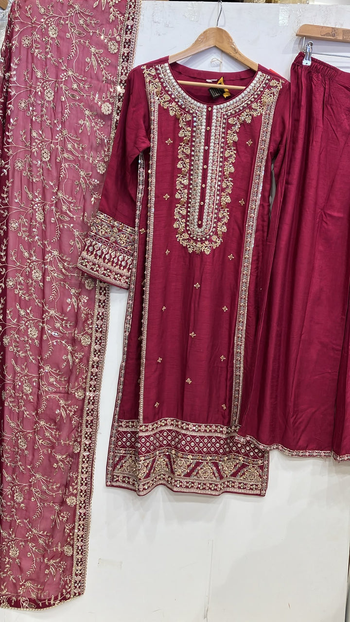 361B- Red Embroidered Silk 3 Piece Suit