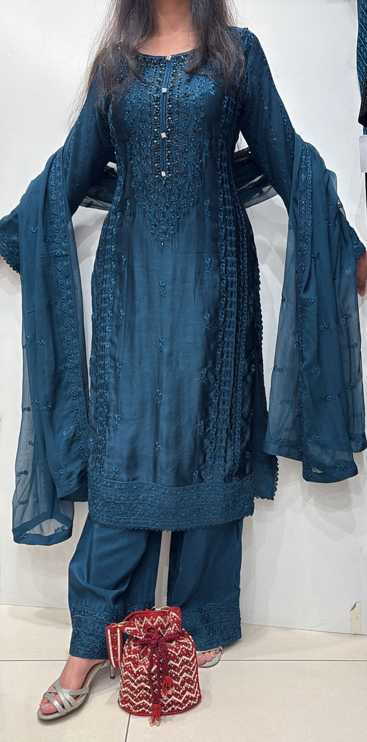 AG21d- TEAL EMBROIDERED SILK 3 PIECE SUIT
