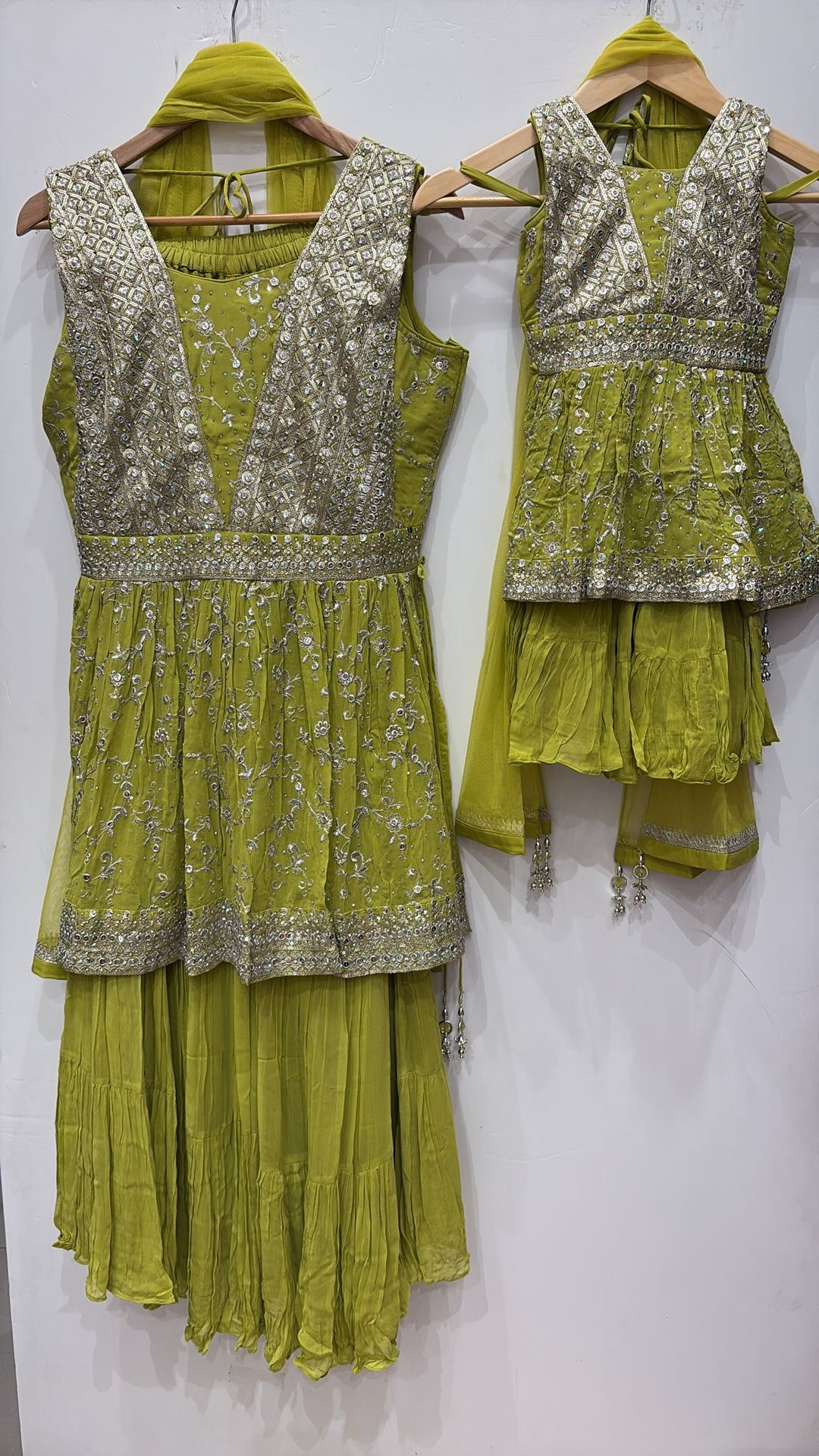K692B- GIRLS GREEN EMBROIDERED SHARARA DRESS