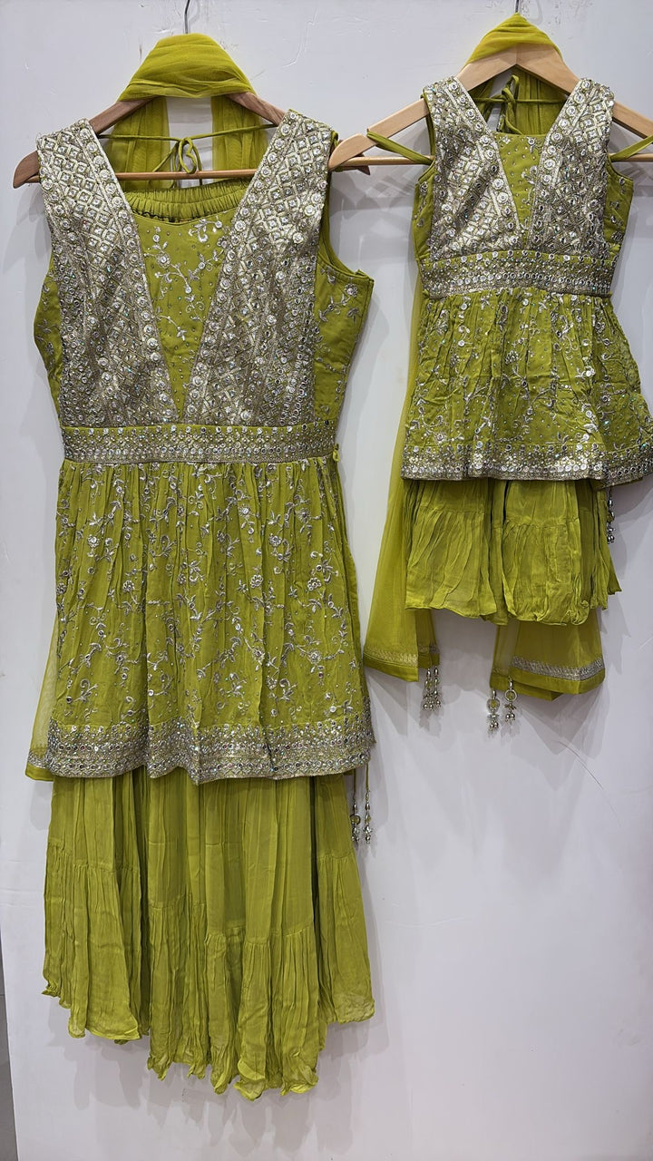 K692B- GIRLS GREEN EMBROIDERED SHARARA DRESS