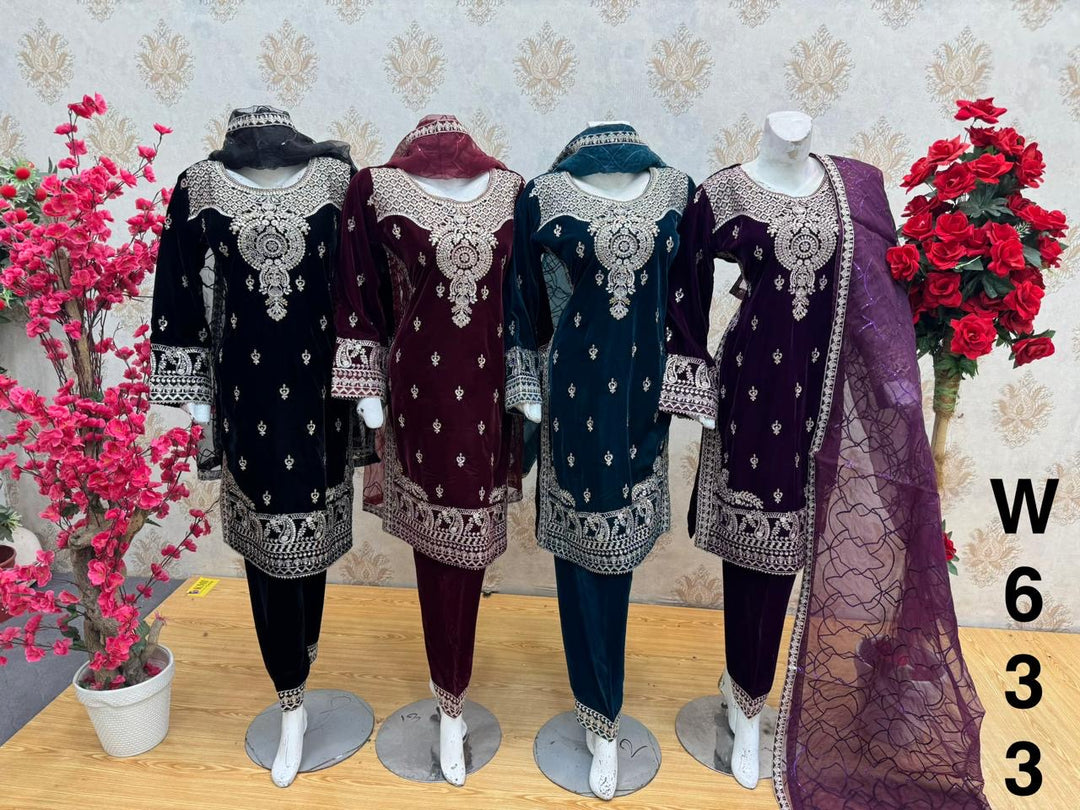 W633 LUXURY VELVET EMBROIDERED 3 PIECE SUIT