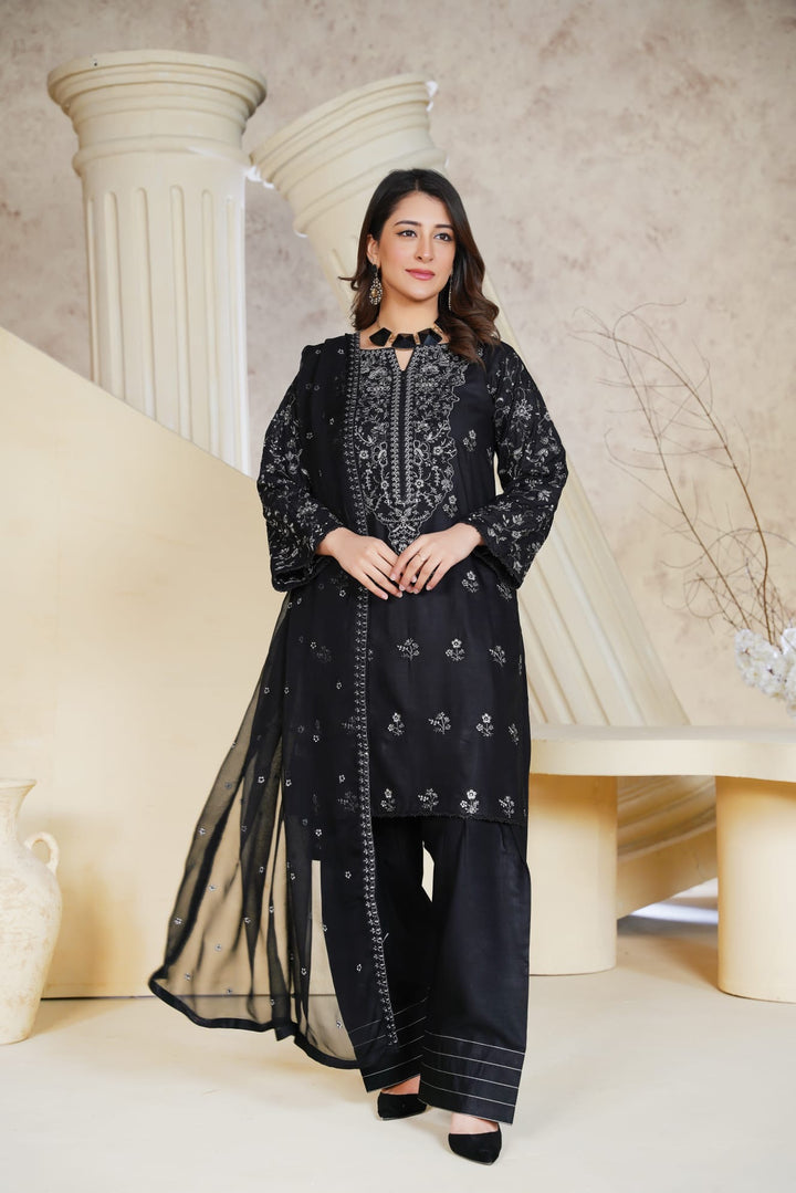 1164C- BLACK LINEN EMBROIDERED 3 PIECE SUIT FARSHI SHALWAR
