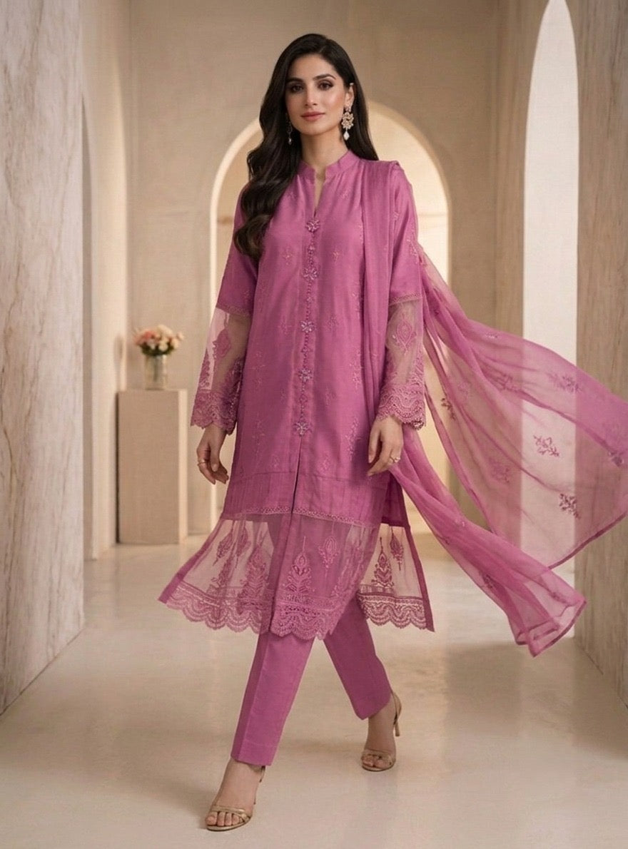 1114B - Pink Embroidered Linen 3 Piece suit