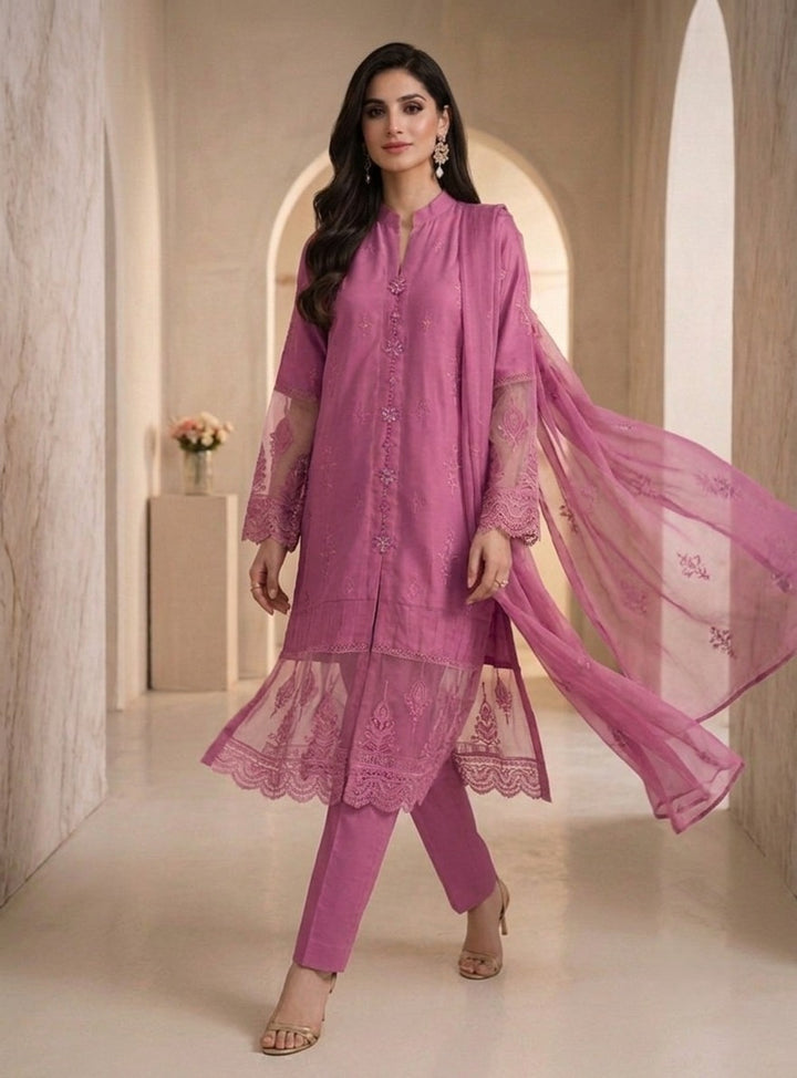 1114B - Pink Embroidered Linen 3 Piece suit