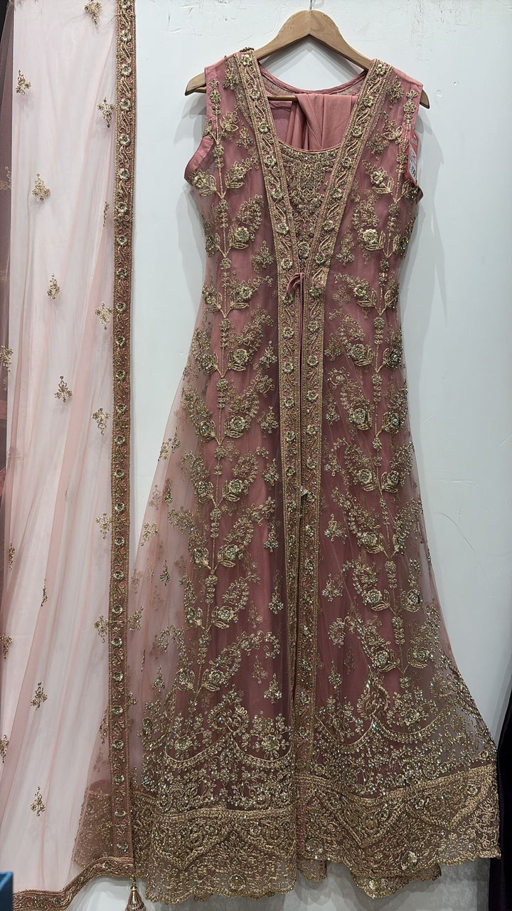 7014B- Pink Embroidered & Embellished net long dress