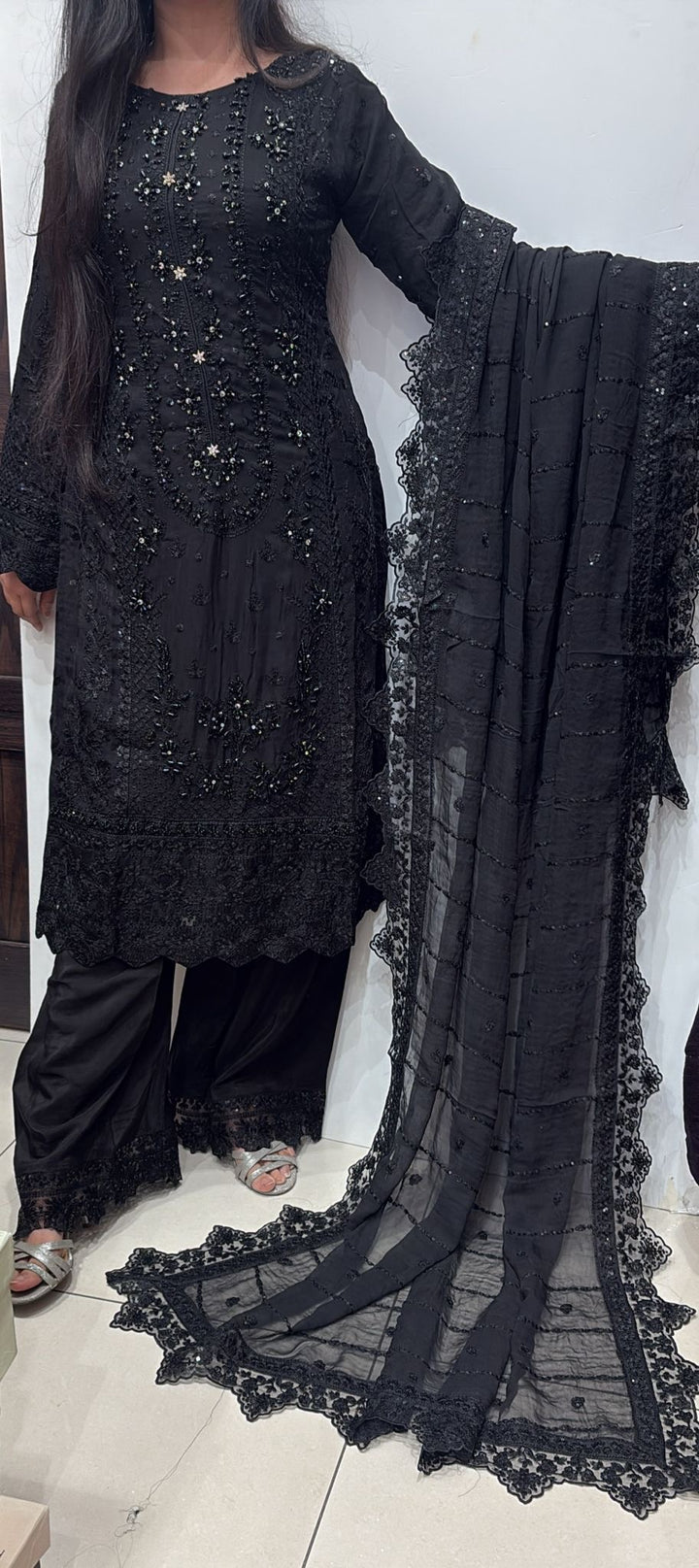 327A- Black Embroidered Chiffon 3 Piece Suit