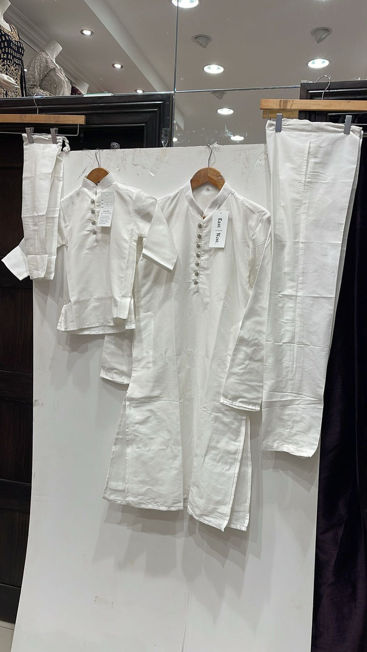 CK603A-  White cotton satin kameez set for Men and Boys