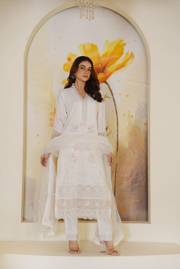 1165C - White Embroidered Linen Chikankari 3 Piece suit