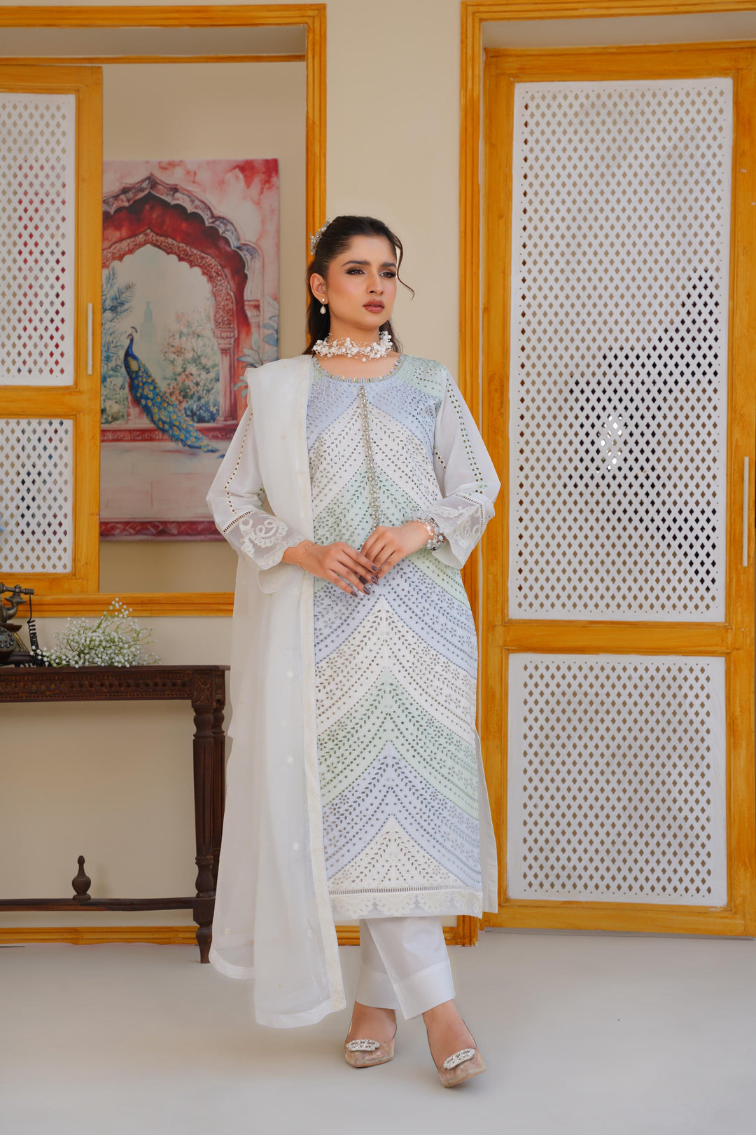 AR03 - Attire Light Green Embroidered Chikankari Cotton 3 Piece suit