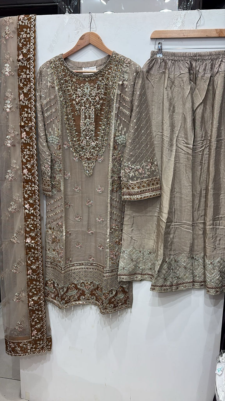 352B- FAWN CHIFFON EMBROIDERED 3 PIECE SUIT