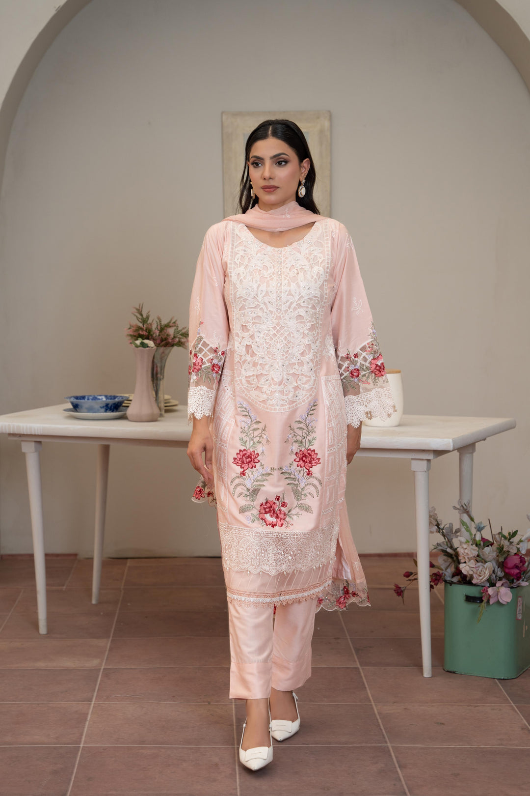 1141D - Peach Embroidered Linen 3 Piece suit